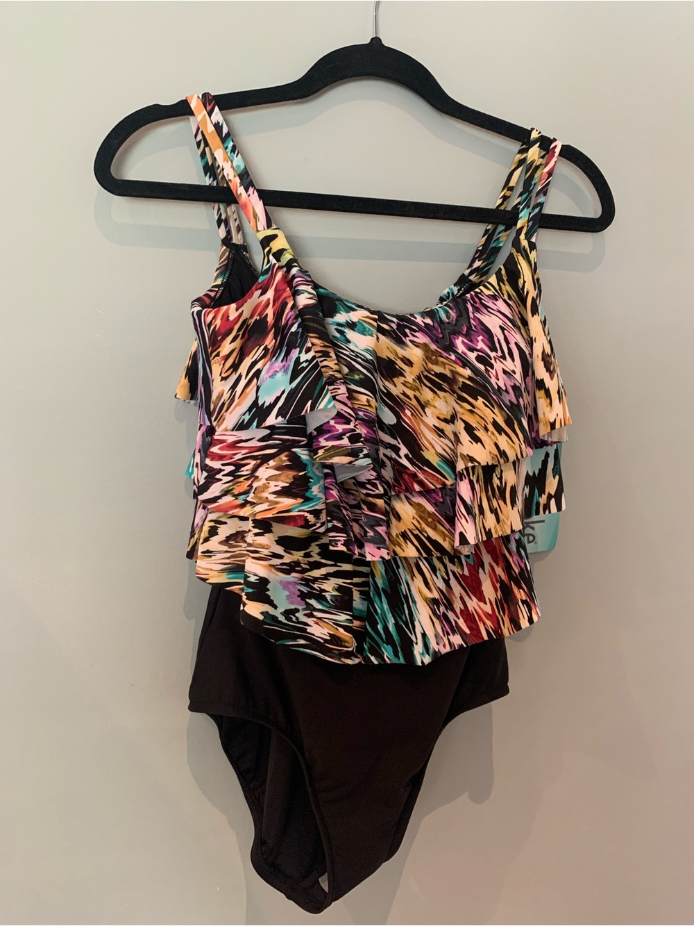 Women’s Black One-Piece Swimsuit with Multicolor Ruffle Print